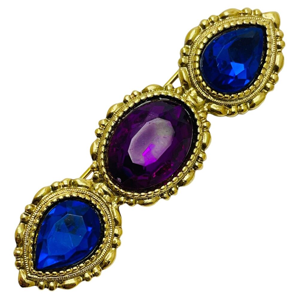 Vintage gold tone blue purple glass designer brooch